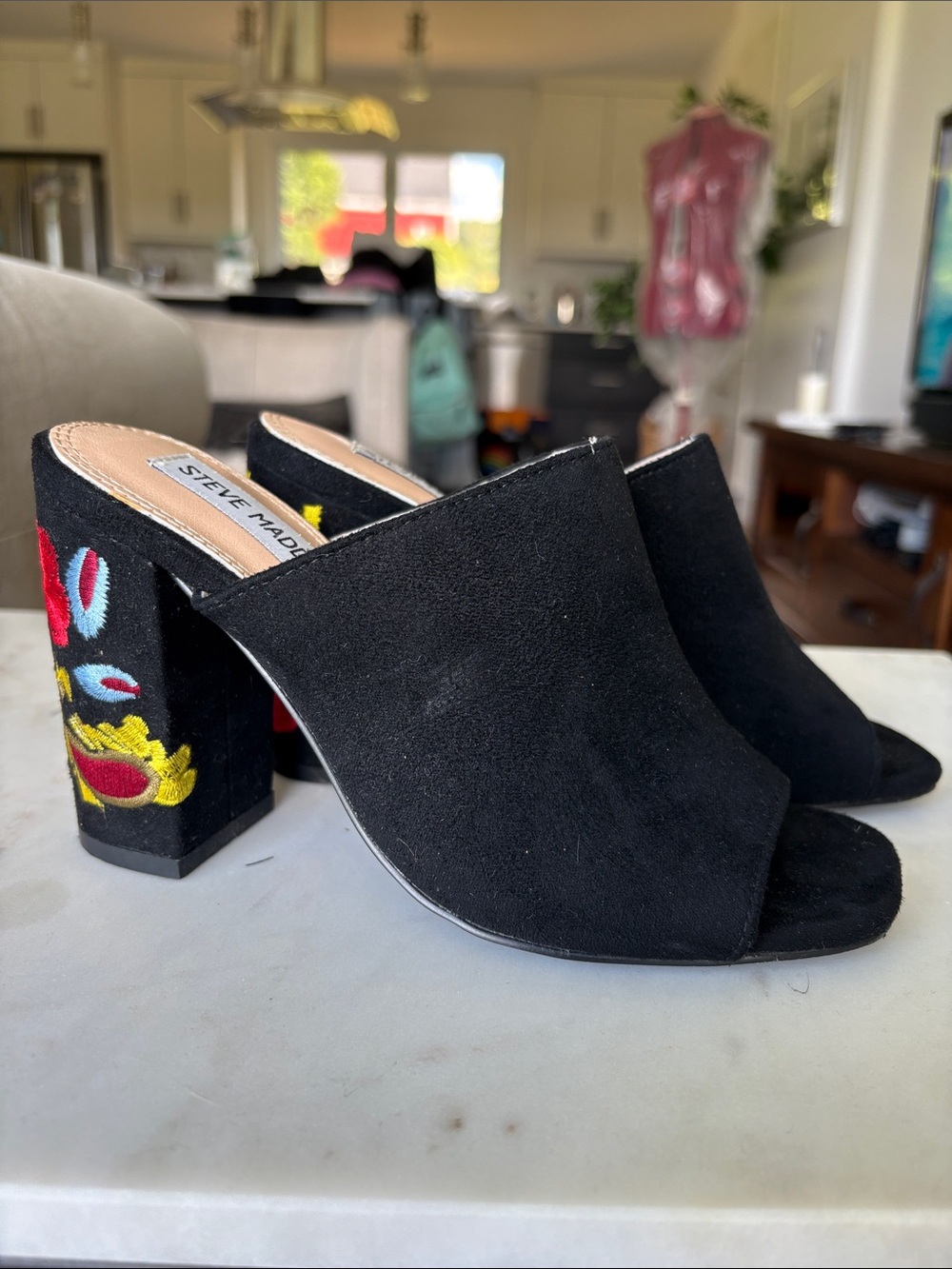 Steve Madden Black Suede Open-Toe Embroidered Block Heel Mules